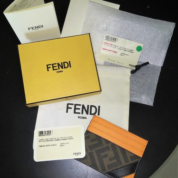 FENDI 'FF Logo w/ Orange Detail' Authentic Men's Canvas/Leather Card Holder NWT! - Picture 6 of 15
